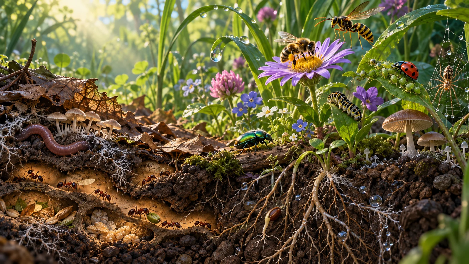 Concept illustration of ants in soil tunnels beneath flowers, with pollinators, fungi, roots, and dew
