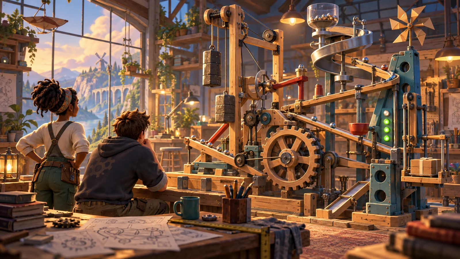 Concept illustration of inventors testing a contraption of gears, pulleys, and counterweights