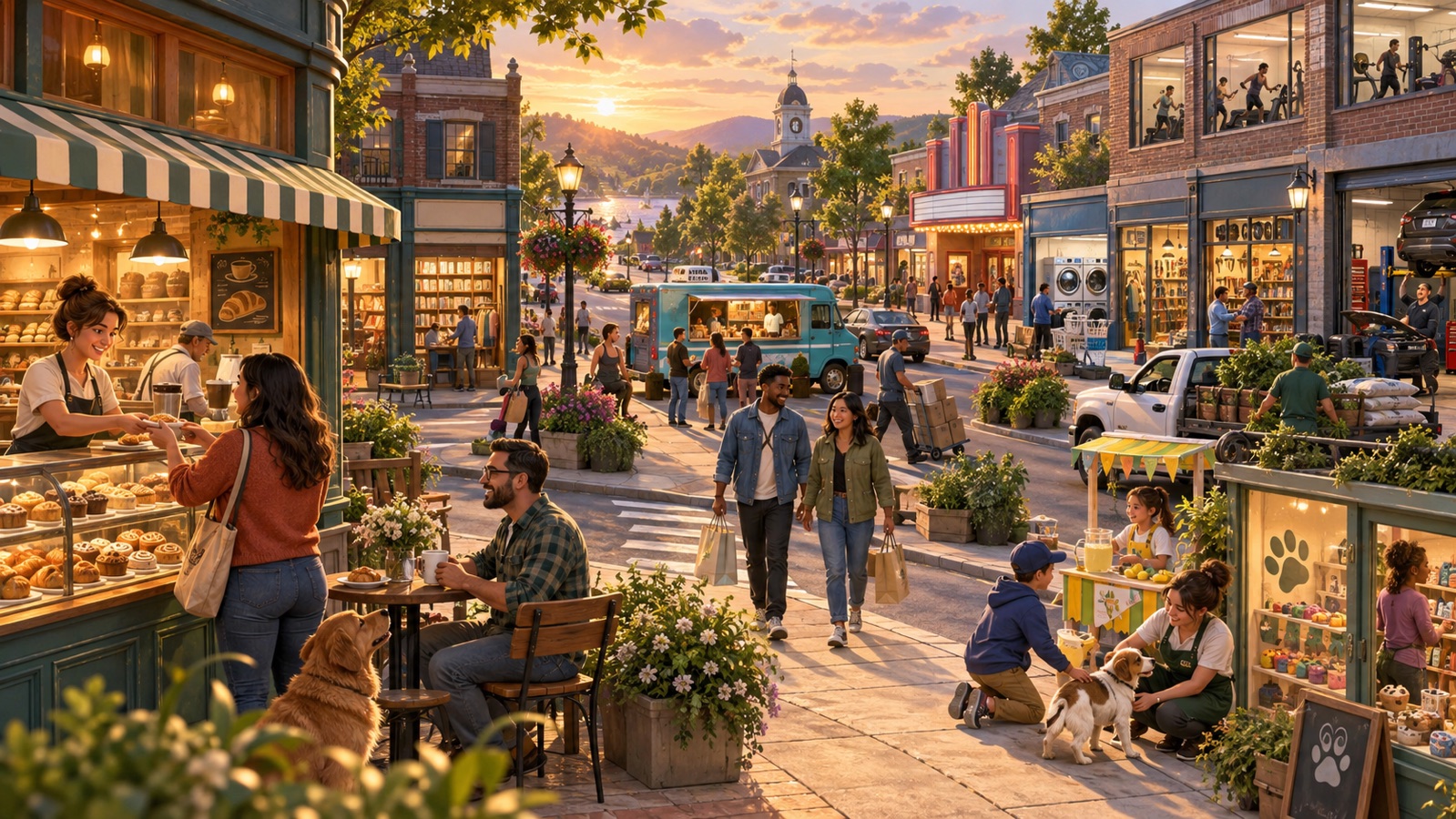 Concept illustration of a lively district of shops, cafés, and small businesses