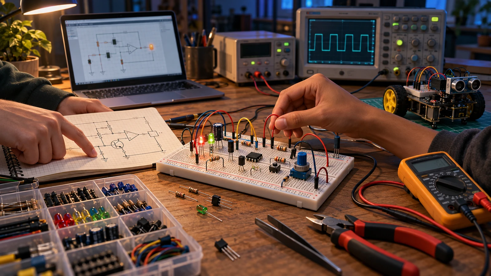 Concept illustration of an electronics workbench with a breadboard, components, multimeter, and oscilloscope